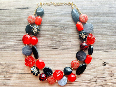 Lipstick & Leather beaded Statement Chunky Necklace, 2 strand black red necklace, big bead rose gray silver jewelry, deep red bib