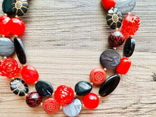 Load image into Gallery viewer, Lipstick &amp; Leather beaded Statement Chunky Necklace, 2 strand black red necklace, big bead rose gray silver jewelry, deep red bib