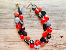 Load image into Gallery viewer, Lipstick &amp; Leather beaded Statement Chunky Necklace, 2 strand black red necklace, big bead rose gray silver jewelry, deep red bib