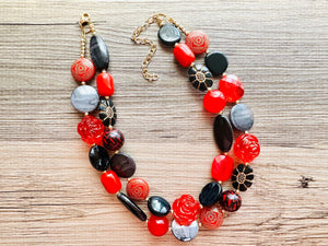 Lipstick & Leather beaded Statement Chunky Necklace, 2 strand black red necklace, big bead rose gray silver jewelry, deep red bib