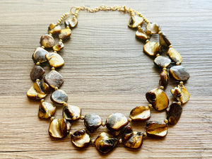 Chunky 2 Strand Strand Shell Statement Necklace, creamy yellow brown beaded jewelry, shell necklace jewelry, gold geometric diamond necklace