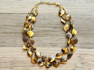 Chunky 2 Strand Strand Shell Statement Necklace, creamy yellow brown beaded jewelry, shell necklace jewelry, gold geometric diamond necklace