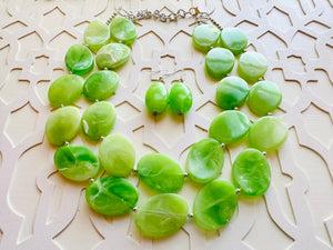 Lime Green Double Statement Necklace, Chunky Jewelry Big Beaded Necklace, sunshine neon green Necklace, earrings Jewelry Geometric set