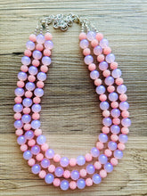 Load image into Gallery viewer, Pink on Pink Statement Necklace, chunky bib beaded jewelry, blush pink color block necklace, beaded acrylic ball jewelry hot pink magenta