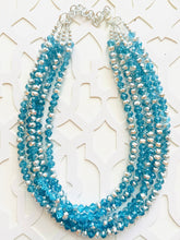 Load image into Gallery viewer, Turquoise &amp; Silver Ombré Glass Chunky Statement Necklace, silver bib necklace, aqua turquoise blue green, wedding bridesmaid chunky