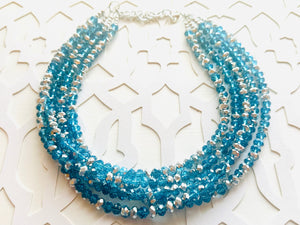 Turquoise & Silver Ombré Glass Chunky Statement Necklace, silver bib necklace, aqua turquoise blue green, wedding bridesmaid chunky