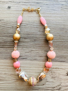 Metallic Sparkle Pink White gold beaded statement necklace, single strand necklace, Valentine's Day jewelry, big bead jewelry decor