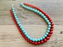 Load image into Gallery viewer, Turquoise &amp; gold Pearl Chunky 3 Strand Statement Necklace, fall necklace, blue green jewelry, silver ball beaded, turquoise aqua