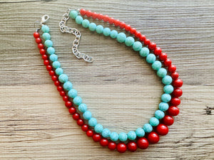 Turquoise & gold Pearl Chunky 3 Strand Statement Necklace, fall necklace, blue green jewelry, silver ball beaded, turquoise aqua