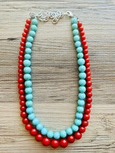 Load image into Gallery viewer, Turquoise &amp; gold Pearl Chunky 3 Strand Statement Necklace, fall necklace, blue green jewelry, silver ball beaded, turquoise aqua