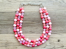 Load image into Gallery viewer, Pink Candy Bar Statement Necklace, chunky bib beaded jewelry, blush pink color block necklace, beaded acrylic jewelry hot pink magenta