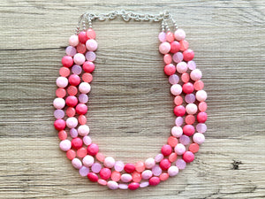 Pink Candy Bar Statement Necklace, chunky bib beaded jewelry, blush pink color block necklace, beaded acrylic jewelry hot pink magenta
