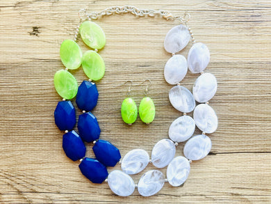 Color Block Double Statement Necklace, Chunky Jewelry Big Beaded Necklace, lime green navy blue & white Necklace, bead bubble earrings