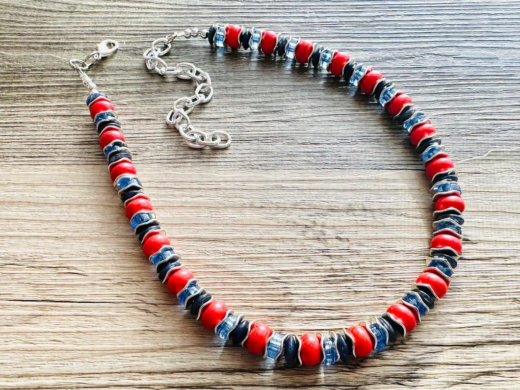 Americana Necklace, Red Howlite Single Strand Statement Jewelry, lipstick periwinkle navy blue Chunky bib bridesmaid jewelry necklace beaded