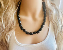 Load image into Gallery viewer, Black wood Necklace, single strand jewelry, big beaded chunky statement black necklace, drop black bridesmaid wedding earrings 1 geometric