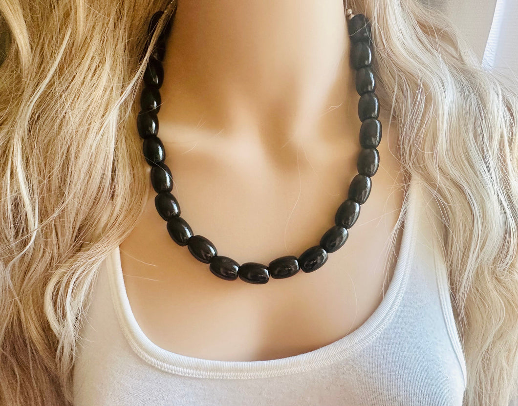 Black wood Necklace, single strand jewelry, big beaded chunky statement black necklace, drop black bridesmaid wedding earrings 1 geometric