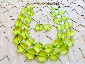 Big Bead Lime Necklace, 2 Strand Statement Jewelry, light green Chunky bib bridesmaid everyday bubble jewelry evergreen earrings transparent