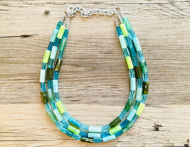 Rainy Day Green & Blue Statement Necklace, chunky bib beaded jewelry, aqua royal blue necklace, light lime acrylic silver turquoise olive