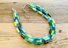 Load image into Gallery viewer, Rainy Day Green &amp; Blue Statement Necklace, chunky bib beaded jewelry, aqua royal blue necklace, light lime acrylic silver turquoise olive