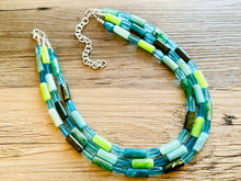 Load image into Gallery viewer, Rainy Day Green &amp; Blue Statement Necklace, chunky bib beaded jewelry, aqua royal blue necklace, light lime acrylic silver turquoise olive