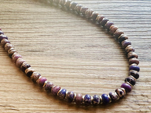 Purple Jasper Statement Necklace, Single Strand Jewelry, purple silver necklace thin gemstone cobblestone donut