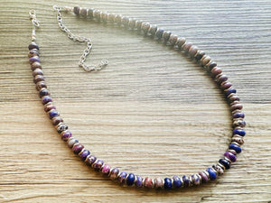 Purple Jasper Statement Necklace, Single Strand Jewelry, purple silver necklace thin gemstone cobblestone donut