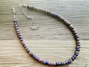 Purple Jasper Statement Necklace, Single Strand Jewelry, purple silver necklace thin gemstone cobblestone donut