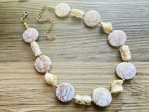 Golden Cupcake Metallic Sparkle Creamy White gold beaded statement necklace, single strand necklace, big bead jewelry decor glass