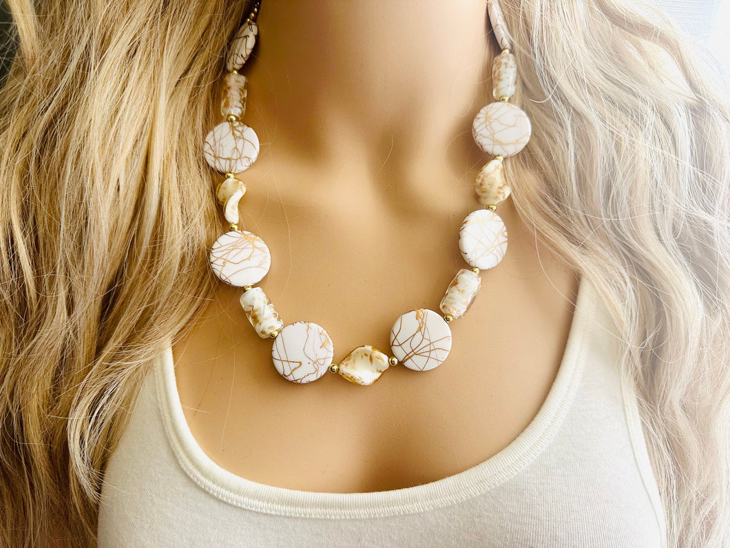 Golden Cupcake Metallic Sparkle Creamy White gold beaded statement necklace, single strand necklace, big bead jewelry decor glass