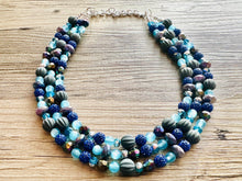 Load image into Gallery viewer, Daydream Blue Statement Necklace, chunky bib beaded jewelry, navy royal blue necklace, dark blue beaded acrylic gray silver aqua turquoise