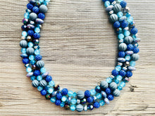 Load image into Gallery viewer, Daydream Blue Statement Necklace, chunky bib beaded jewelry, navy royal blue necklace, dark blue beaded acrylic gray silver aqua turquoise