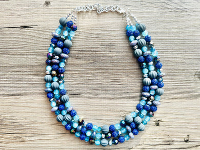 Daydream Blue Statement Necklace, chunky bib beaded jewelry, navy royal blue necklace, dark blue beaded acrylic gray silver aqua turquoise