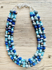 Daydream Blue Statement Necklace, chunky bib beaded jewelry, navy royal blue necklace, dark blue beaded acrylic gray silver aqua turquoise