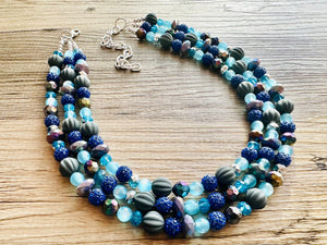Daydream Blue Statement Necklace, chunky bib beaded jewelry, navy royal blue necklace, dark blue beaded acrylic gray silver aqua turquoise