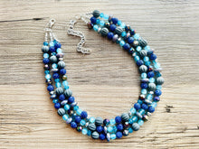 Load image into Gallery viewer, Daydream Blue Statement Necklace, chunky bib beaded jewelry, navy royal blue necklace, dark blue beaded acrylic gray silver aqua turquoise