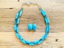 Load image into Gallery viewer, Lighthouse Blue Statement Necklace, Chunky 2 Strand Jewelry, blue silver necklace glass water thick necklace clear aqua turquoise