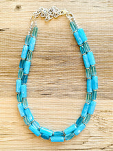 Load image into Gallery viewer, Lighthouse Blue Statement Necklace, Chunky 2 Strand Jewelry, blue silver necklace glass water thick necklace clear aqua turquoise