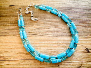 Lighthouse Blue Statement Necklace, Chunky 2 Strand Jewelry, blue silver necklace glass water thick necklace clear aqua turquoise