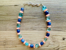 Load image into Gallery viewer, Sunset Nautical Chunky Statement Necklace, Big beaded jewelry, Single Strand Statement Necklace, aqua royal blue peach chunky necklace