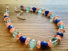 Load image into Gallery viewer, Sunset Nautical Chunky Statement Necklace, Big beaded jewelry, Single Strand Statement Necklace, aqua royal blue peach chunky necklace