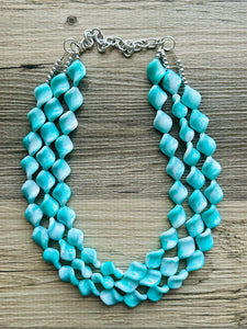 Turquoise Blue 3 Strand Statement Necklace, Chunky Gren Blue Twist Beaded Bib Jewelry earrings, blue jewelry set, turquoise jewelry