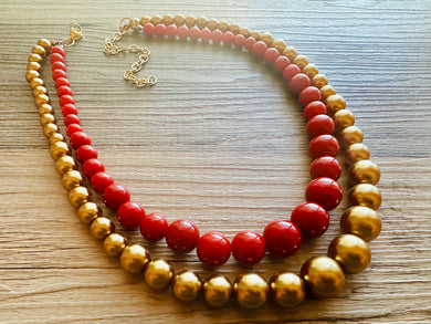 Red & gold Pearl Chunky 2 Strand Statement Necklace, fall necklace, red jewelry, dark red necklace, red gold ball beaded, red statement