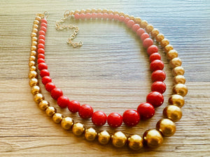 Red & gold Pearl Chunky 2 Strand Statement Necklace, fall necklace, red jewelry, dark red necklace, red gold ball beaded, red statement