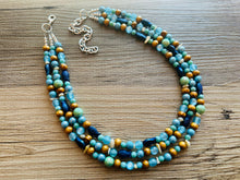 Load image into Gallery viewer, Ocean Fish 3 Strand Royal Blue Necklace, multi strand bright blue jewelry, big beaded chunky necklace, gold dark statement navy turquoise