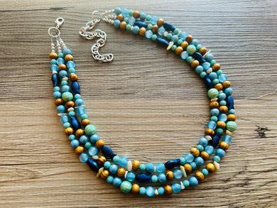 Ocean Fish 3 Strand Royal Blue Necklace, multi strand bright blue jewelry, big beaded chunky necklace, gold dark statement navy turquoise