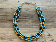 Load image into Gallery viewer, Ocean Fish 3 Strand Royal Blue Necklace, multi strand bright blue jewelry, big beaded chunky necklace, gold dark statement navy turquoise