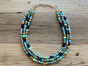 Ocean Fish 3 Strand Royal Blue Necklace, multi strand bright blue jewelry, big beaded chunky necklace, gold dark statement navy turquoise
