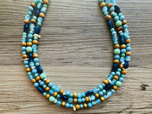 Load image into Gallery viewer, Ocean Fish 3 Strand Royal Blue Necklace, multi strand bright blue jewelry, big beaded chunky necklace, gold dark statement navy turquoise