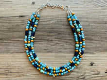 Load image into Gallery viewer, Ocean Fish 3 Strand Royal Blue Necklace, multi strand bright blue jewelry, big beaded chunky necklace, gold dark statement navy turquoise