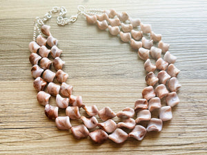 Hot Fudge 3 Strand Statement Necklace, Chunky Brown Twist Beaded Bib Jewelry earrings, brown jewelry set, white resin jewelry neutral